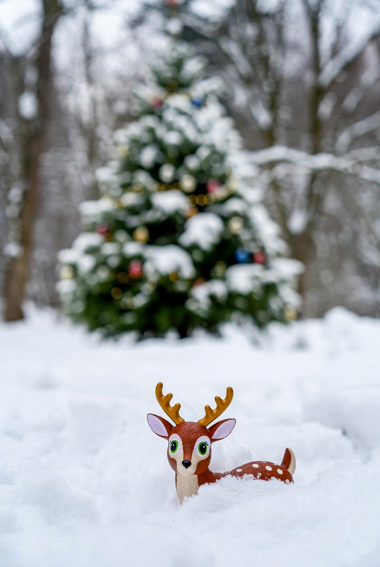 Snowy scene with toy deer and christmas tree Snowy scene with toy deer and christmas tree