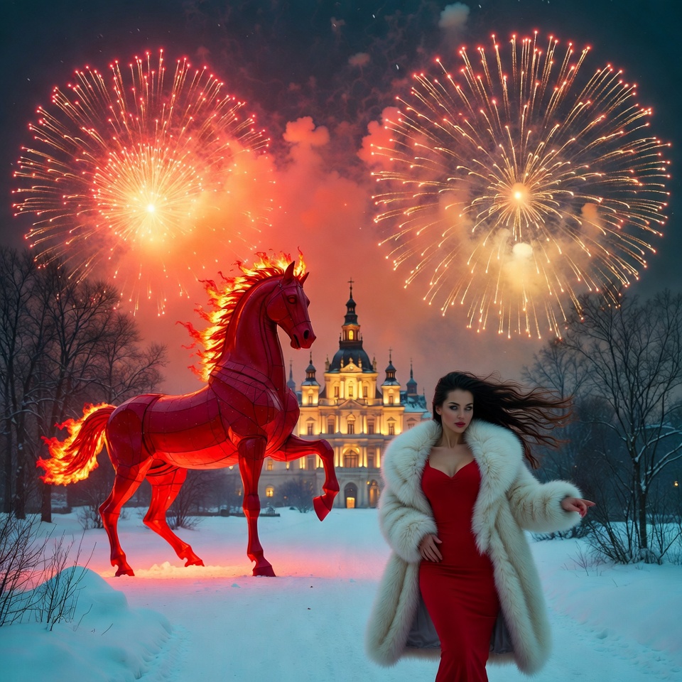 Festive night with red horse and fireworks Festive night with red horse and fireworks