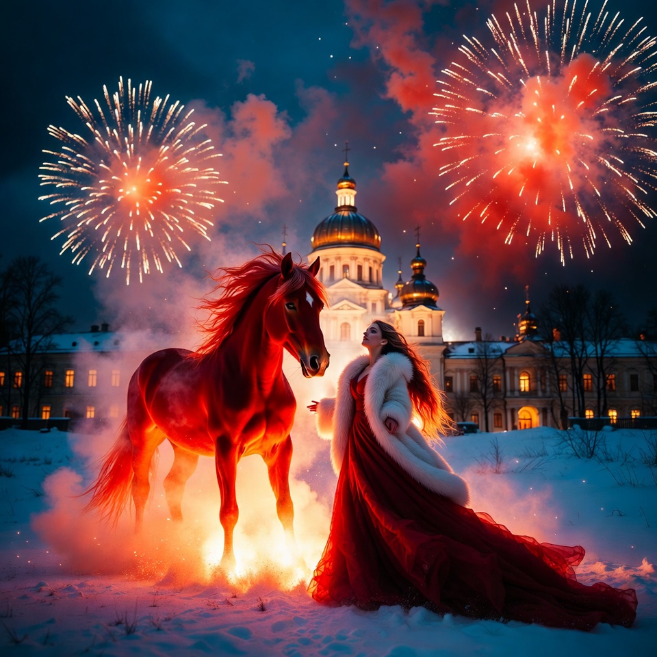 Majestic horse and fireworks display Majestic horse and fireworks display
