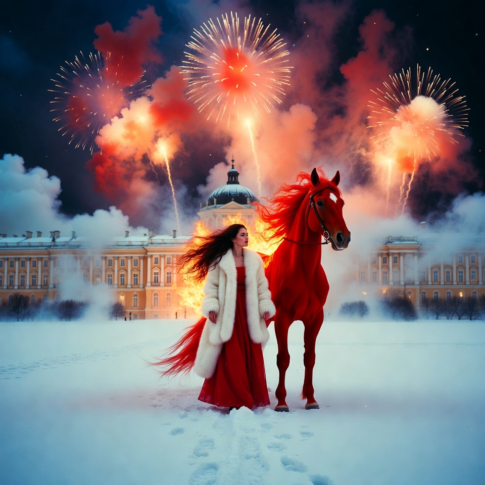 Elegant woman with red horse Elegant woman with red horse