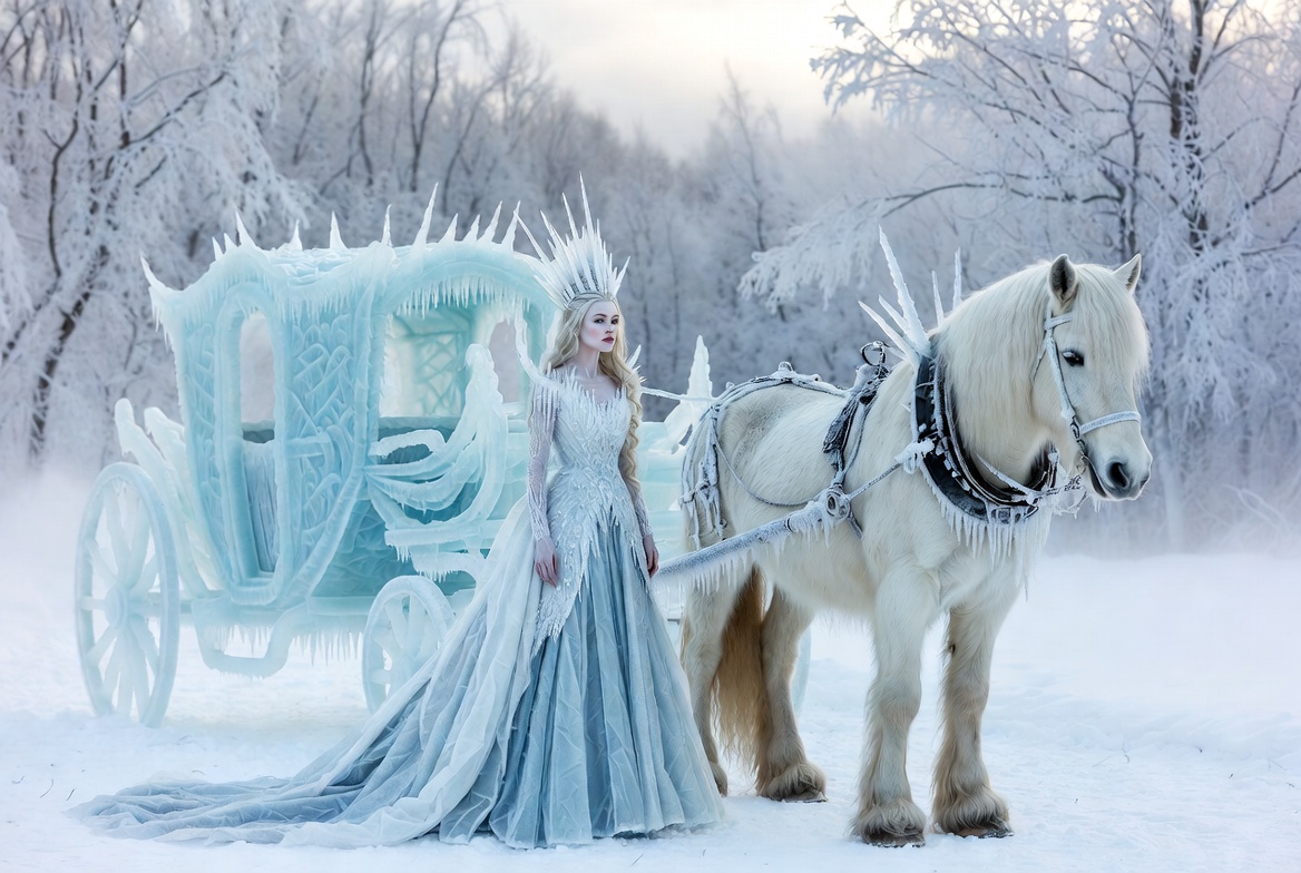 Enchanted winter scene with ice carriage Enchanted winter scene with ice carriage