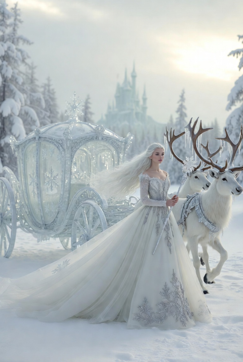 Snowy scene with princess and reindeer Snowy scene with princess and reindeer