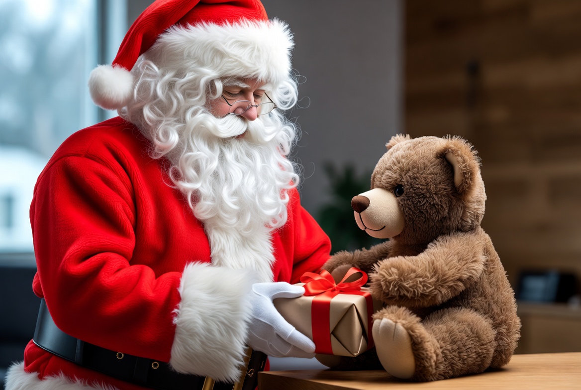 Santa presents bear gift indoors Santa presents bear gift indoors