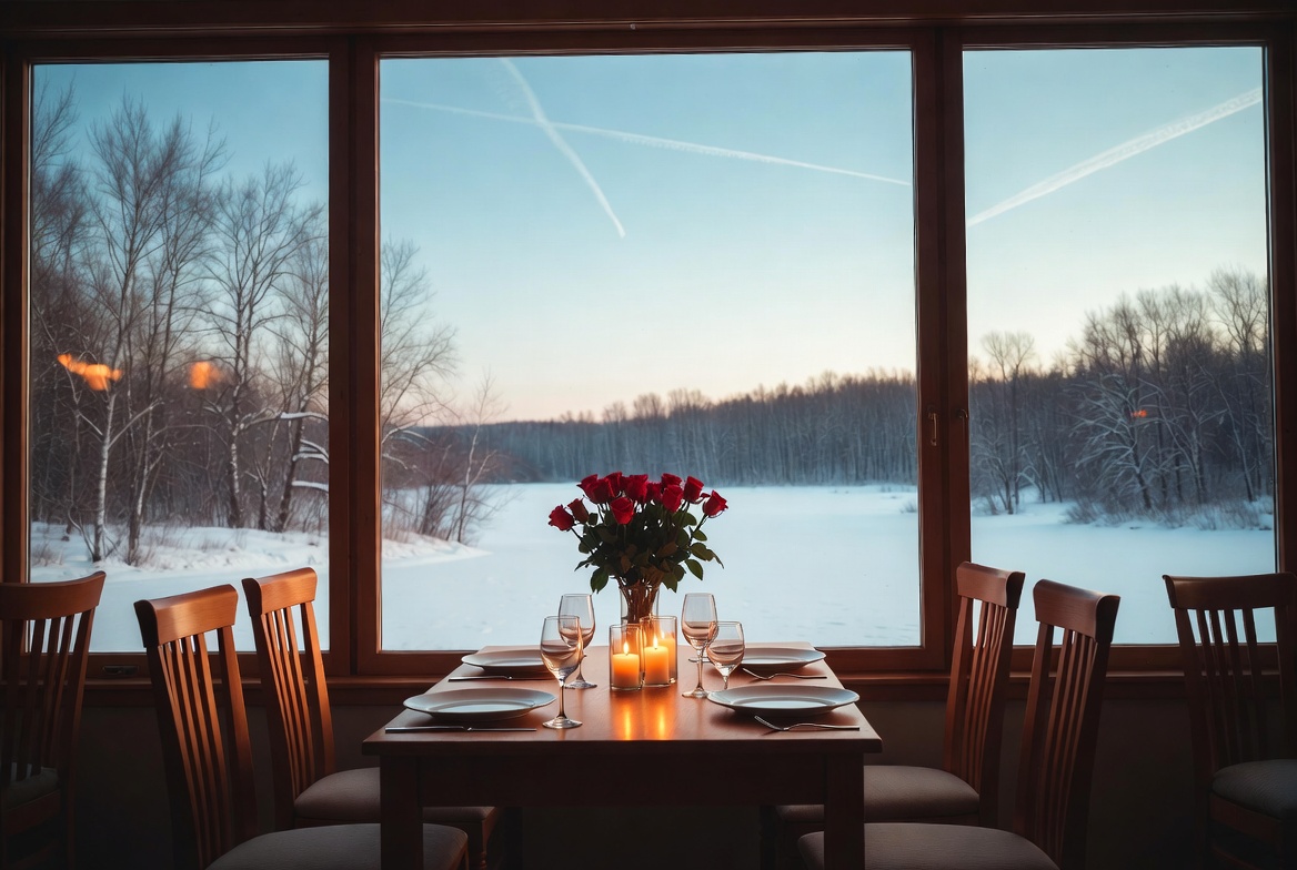 Winter dinner with river view Winter dinner with river view