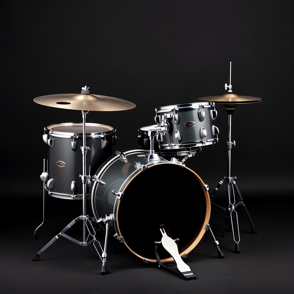 Drum set with cymbals on black backdrop Drum set with cymbals on black backdrop