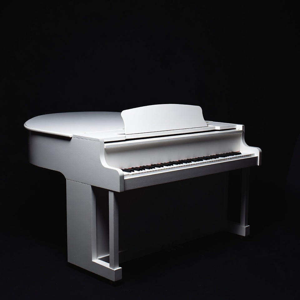 Elegant white piano on black background Elegant white piano on black background