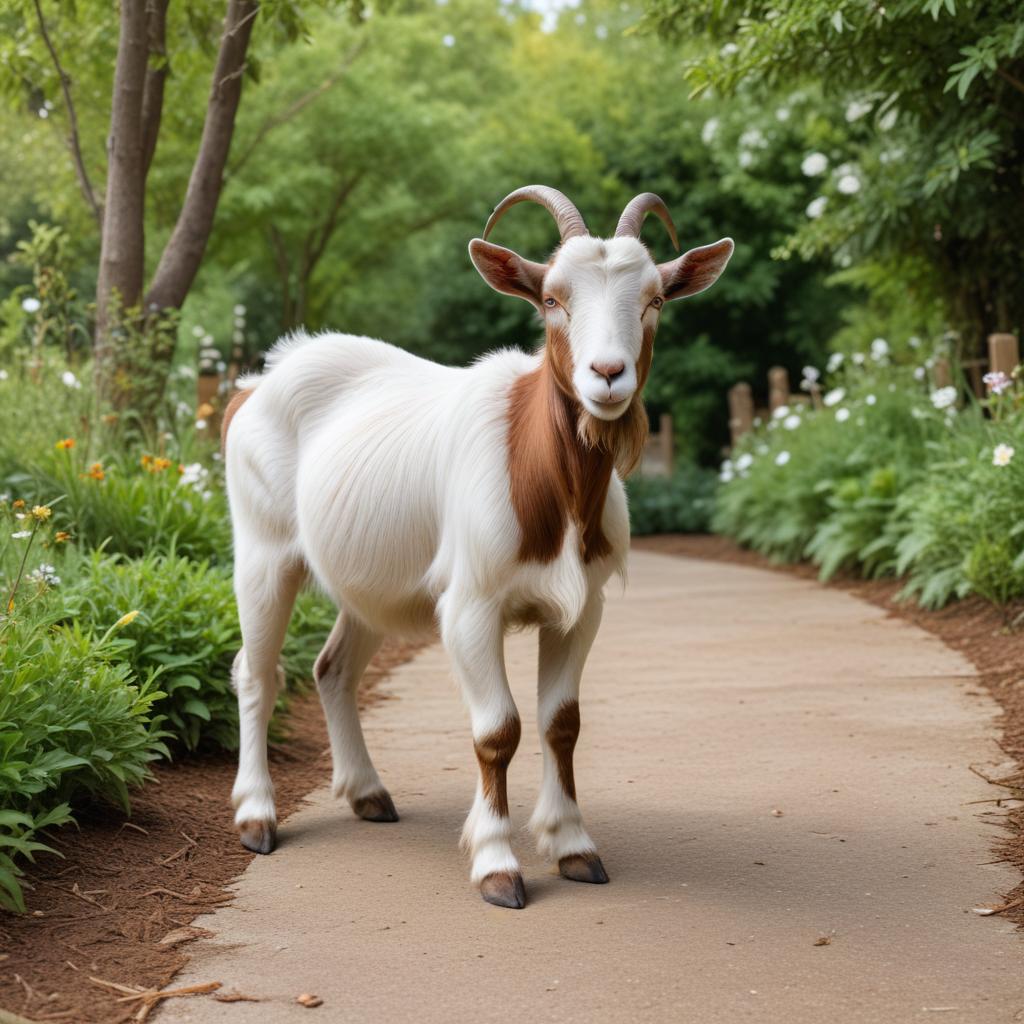 Goat walking on garden path Goat walking on garden path