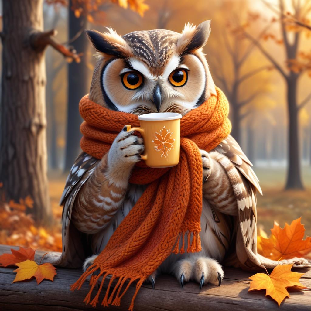 Owl enjoying warm drink in autumn Owl enjoying warm drink in autumn