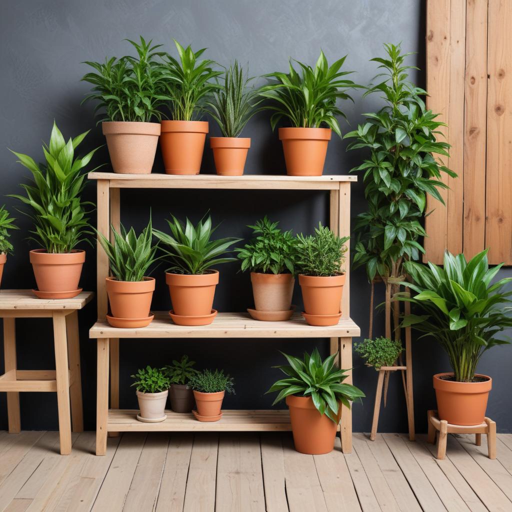 Indoor plant display on wooden shelves Indoor plant display on wooden shelves