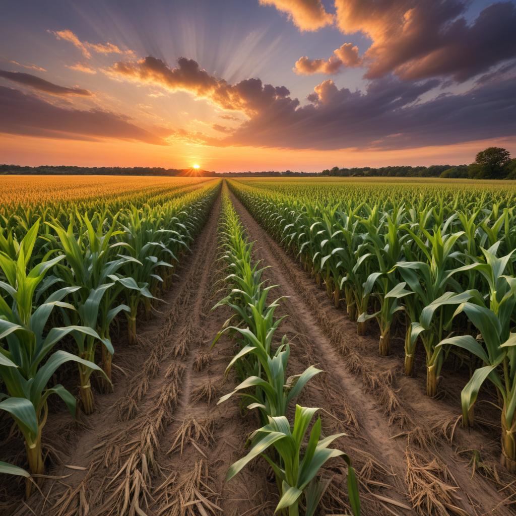 Sunset over cornfield landscape Sunset over cornfield landscape