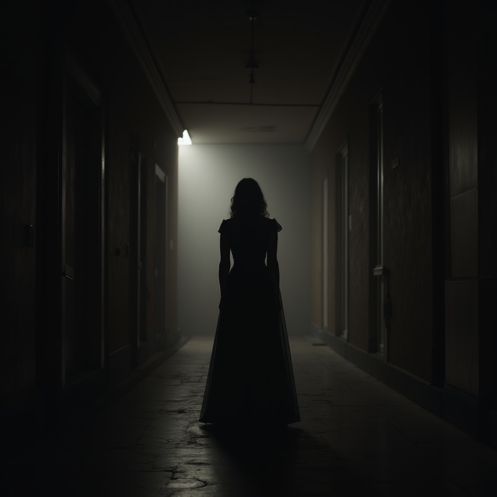 Woman in dark hallway at night Woman in dark hallway at night