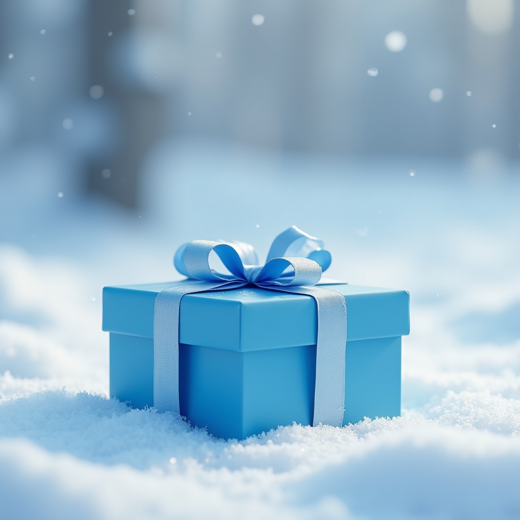 Beautiful blue gift box in winter snowfall Beautiful blue gift box in winter snowfall