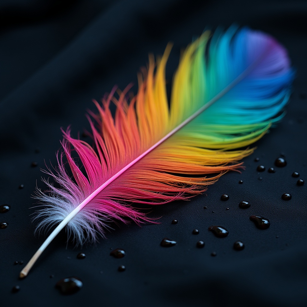 Vibrant rainbow feather on dark surface Vibrant rainbow feather on dark surface
