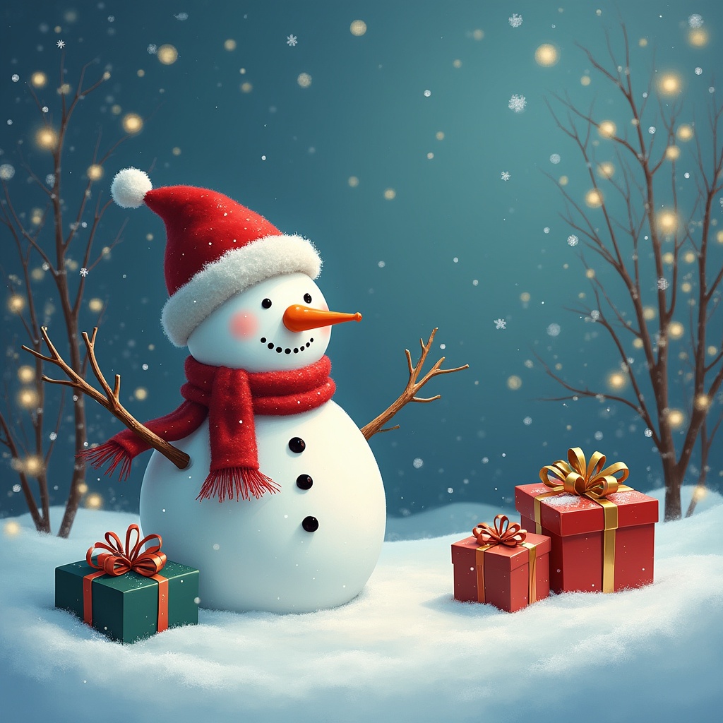 Snowman with gifts in winter scene Snowman with gifts in winter scene