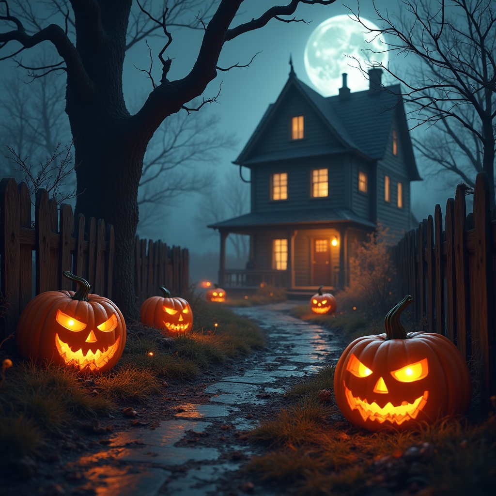 Haunted house with glowing pumpkins Haunted house with glowing pumpkins