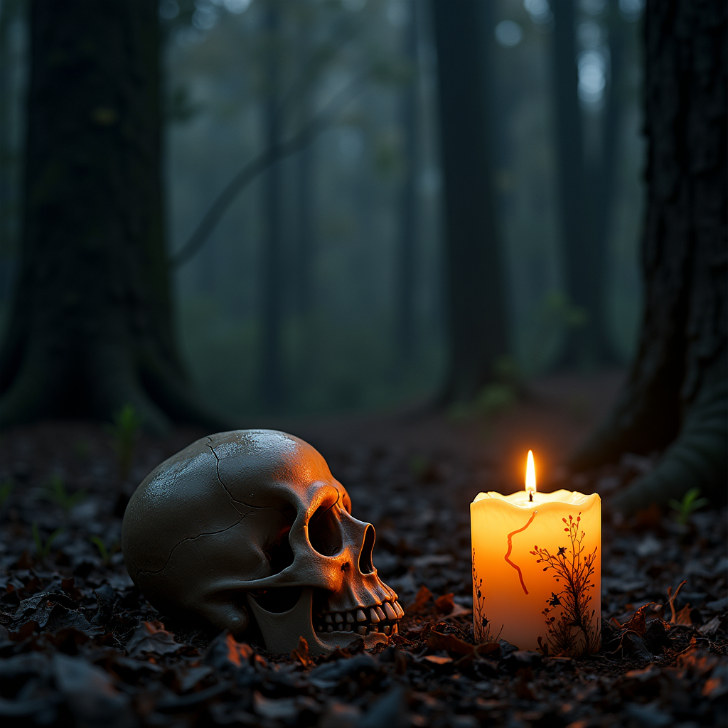 Candle and skull in dark forest Candle and skull in dark forest