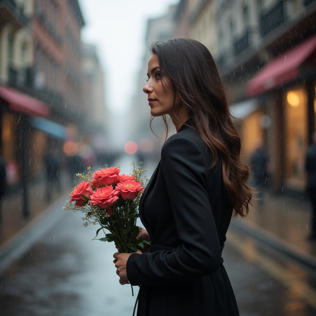 Woman with flowers in rainy street Woman with flowers in rainy street