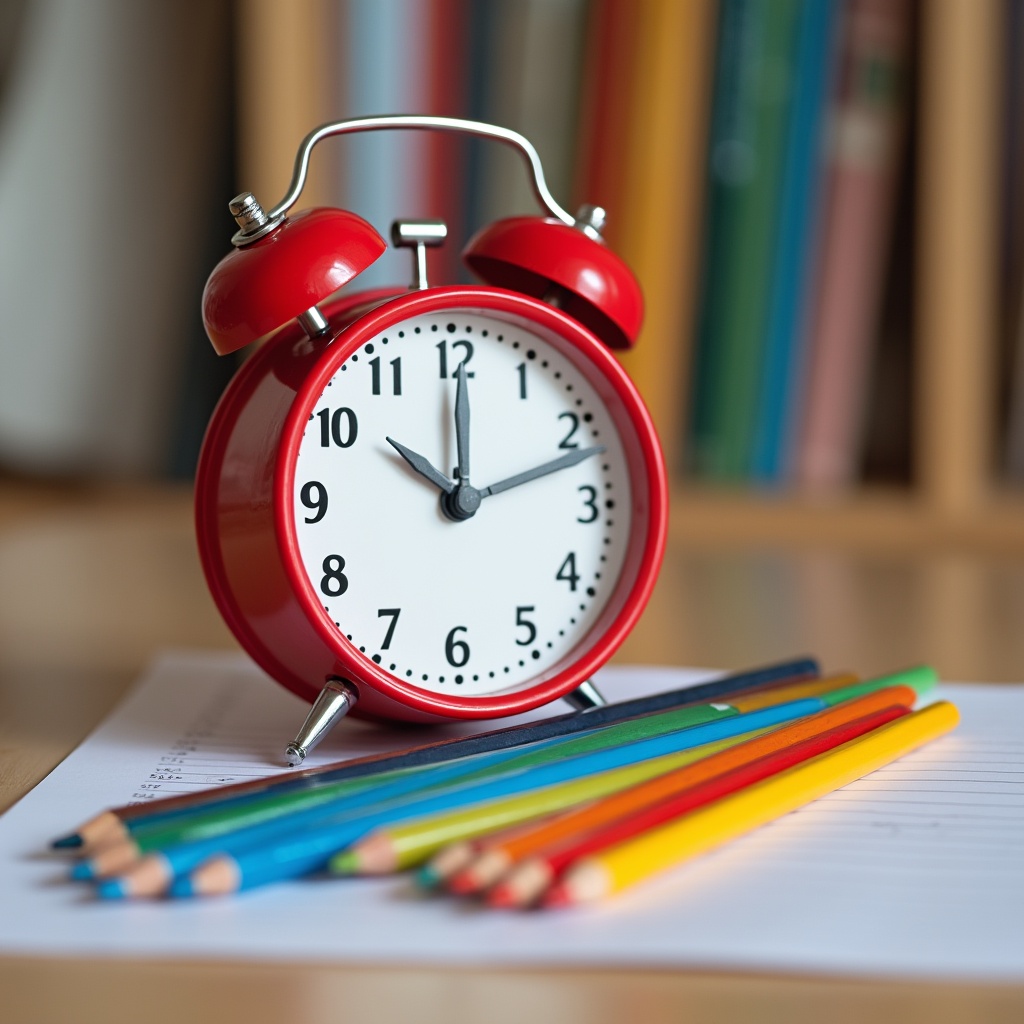 Colorful pencils and red clock display Colorful pencils and red clock display