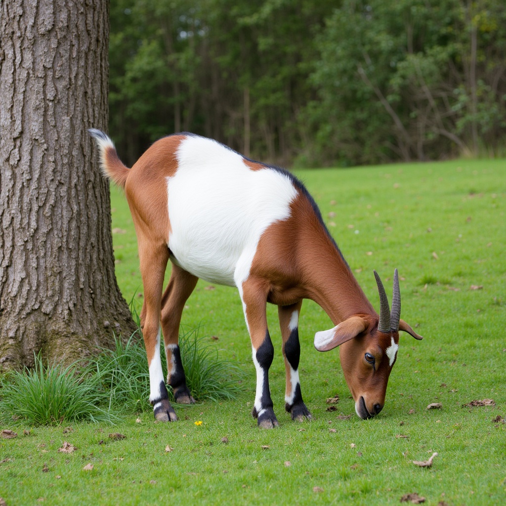Brown and white goat grazing near tree Brown and white goat grazing near tree