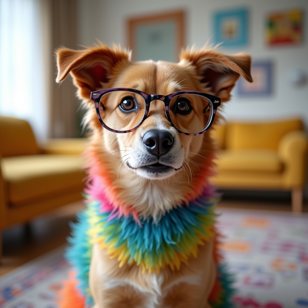 Dog wearing glasses in cozy living room Dog wearing glasses in cozy living room