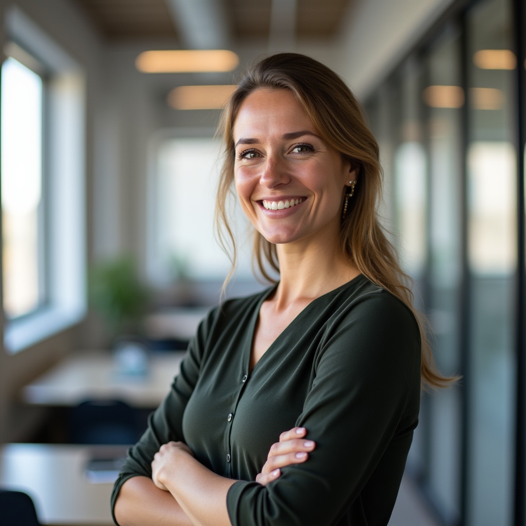 Woman smiling in office setting with natural light Woman smiling in office setting with natural light