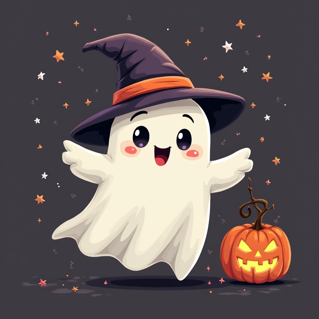 Happy ghost with pumpkin at halloween Happy ghost with pumpkin at halloween