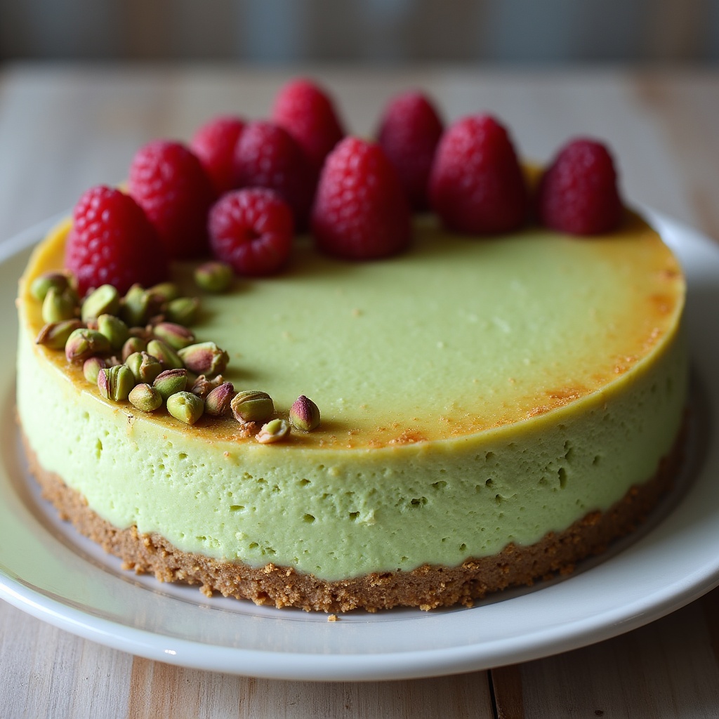 Pistachio cheesecake with raspberries and nuts Pistachio cheesecake with raspberries and nuts