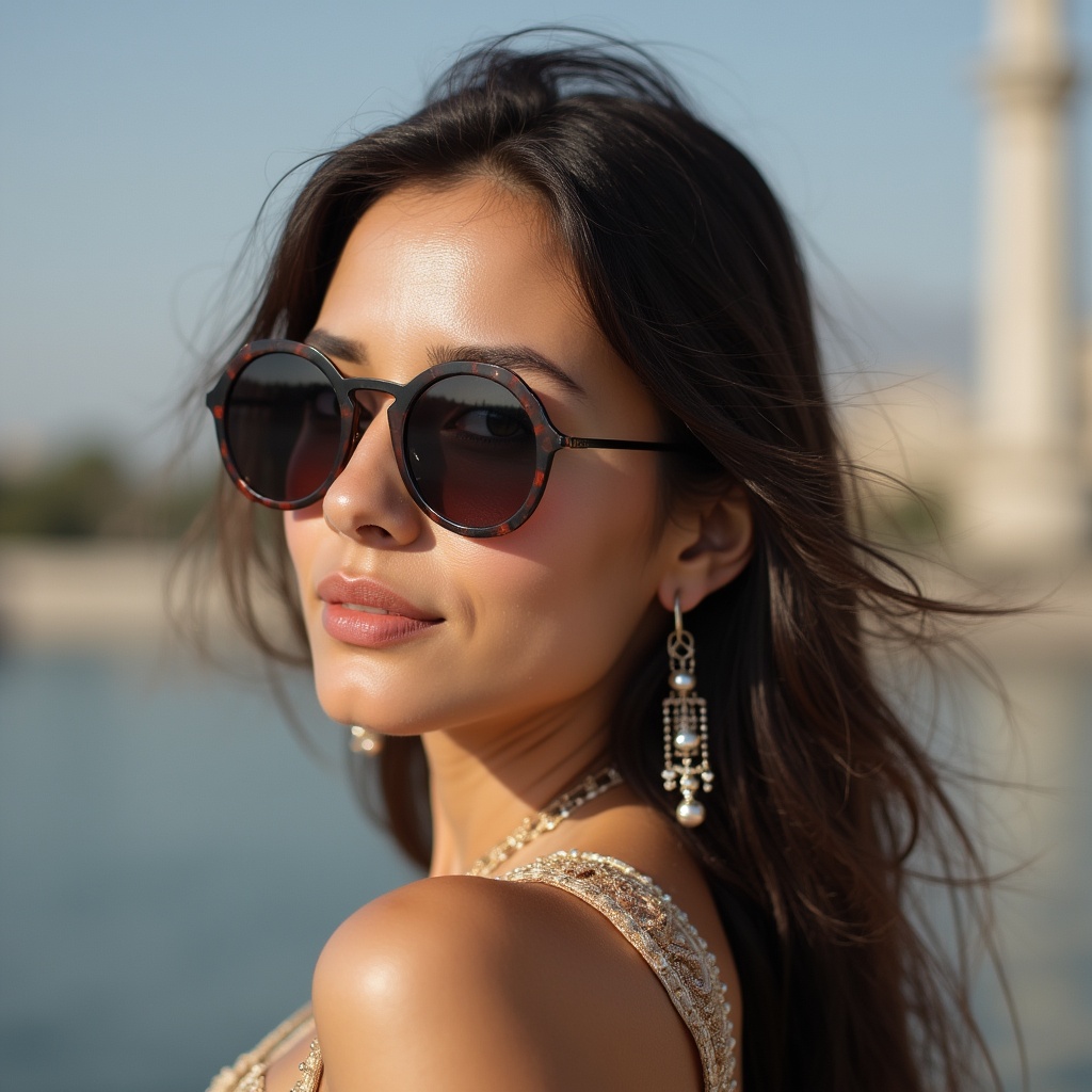 Woman wearing sunglasses by water Woman wearing sunglasses by water