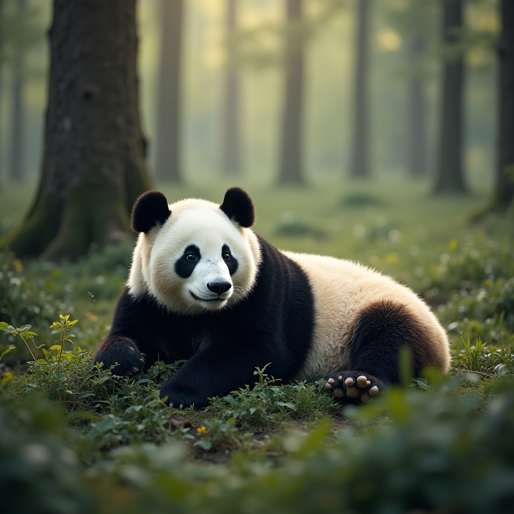 Panda resting in a forest clearing Panda resting in a forest clearing
