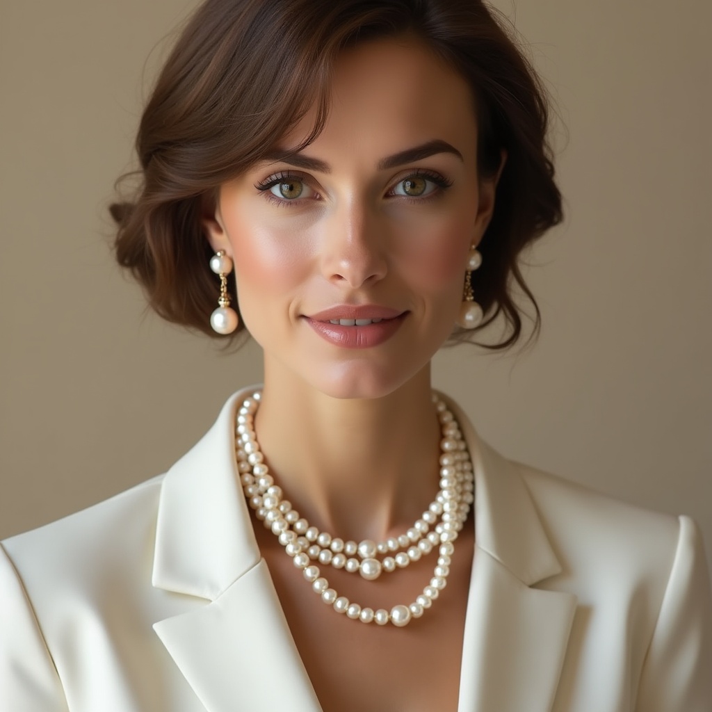 Woman in pearls with soft expression Woman in pearls with soft expression