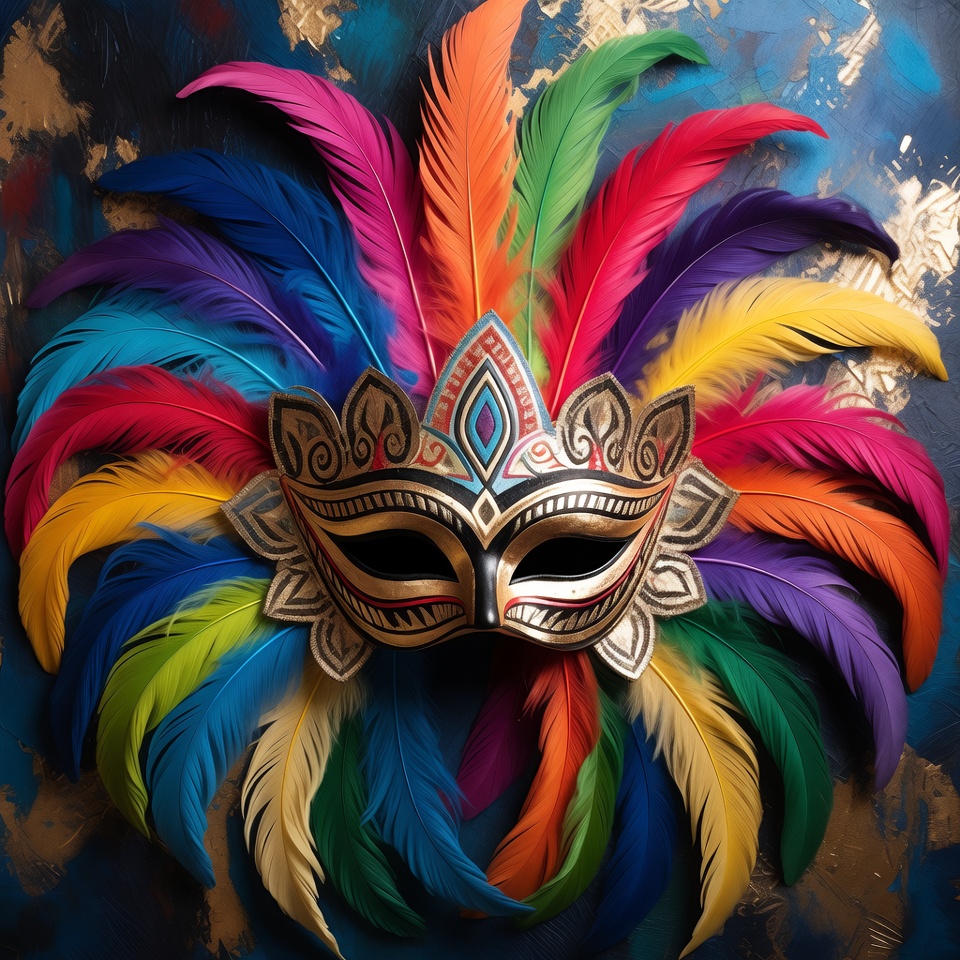 Colorful mask with feathers on display Colorful mask with feathers on display