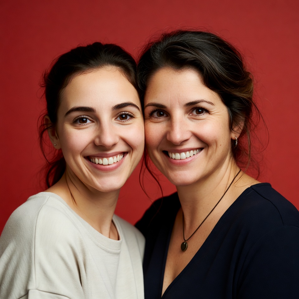 Two women smiling together in front of red wall Two women smiling together in front of red wall