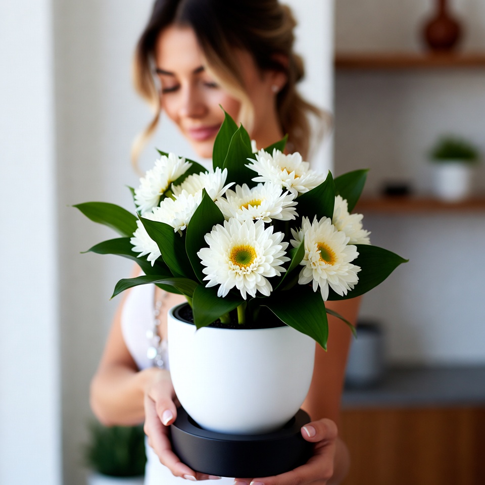 Woman holding white flowers in pot Woman holding white flowers in pot