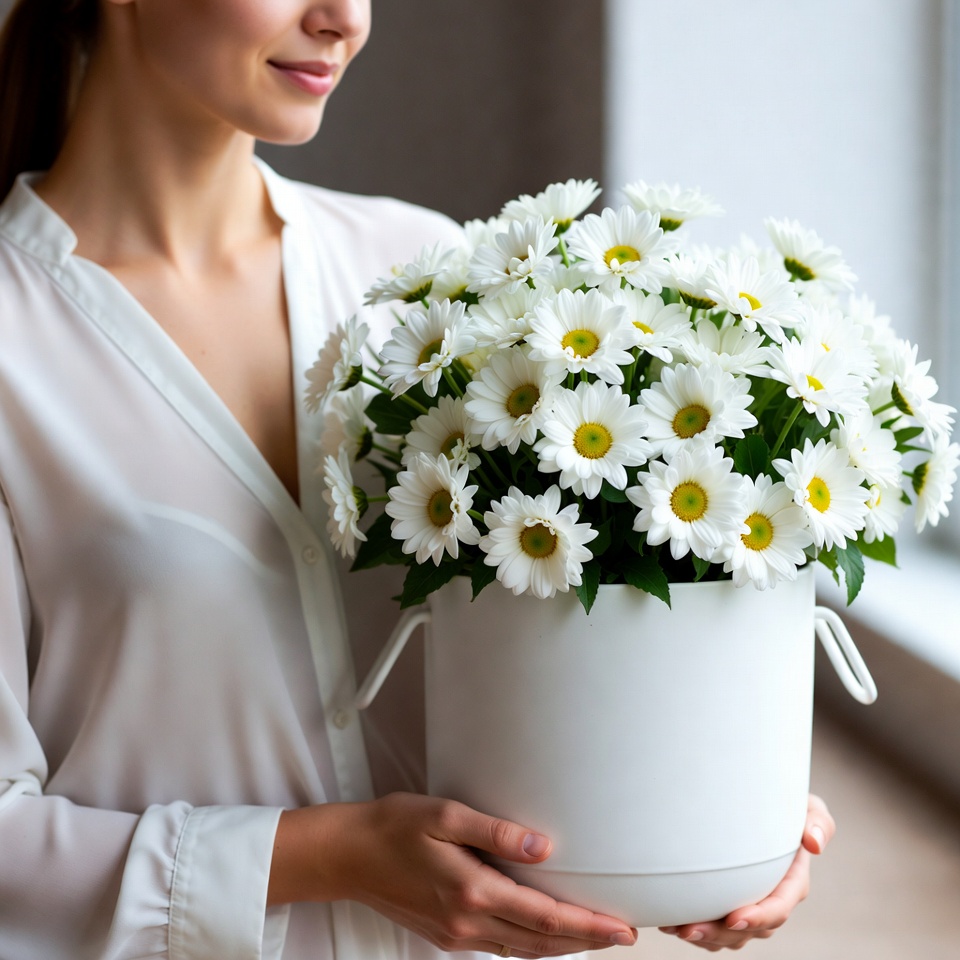 Holding flowers indoors in daylight Holding flowers indoors in daylight