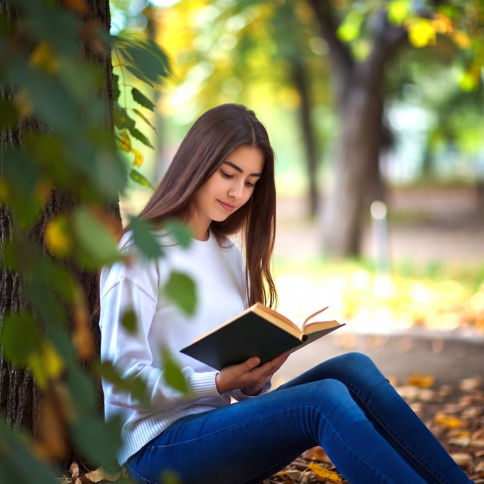 Young woman reading book outdoors Young woman reading book outdoors