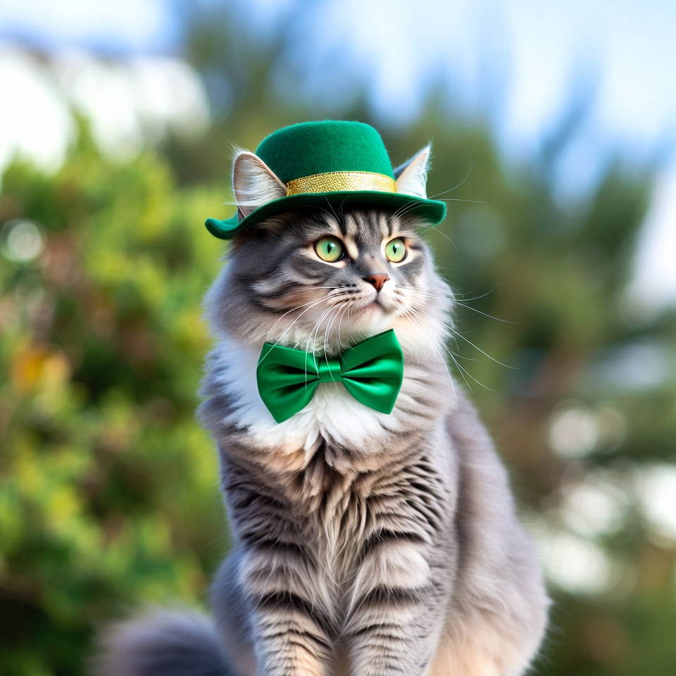 Cat wears hat and bow tie outside Cat wears hat and bow tie outside
