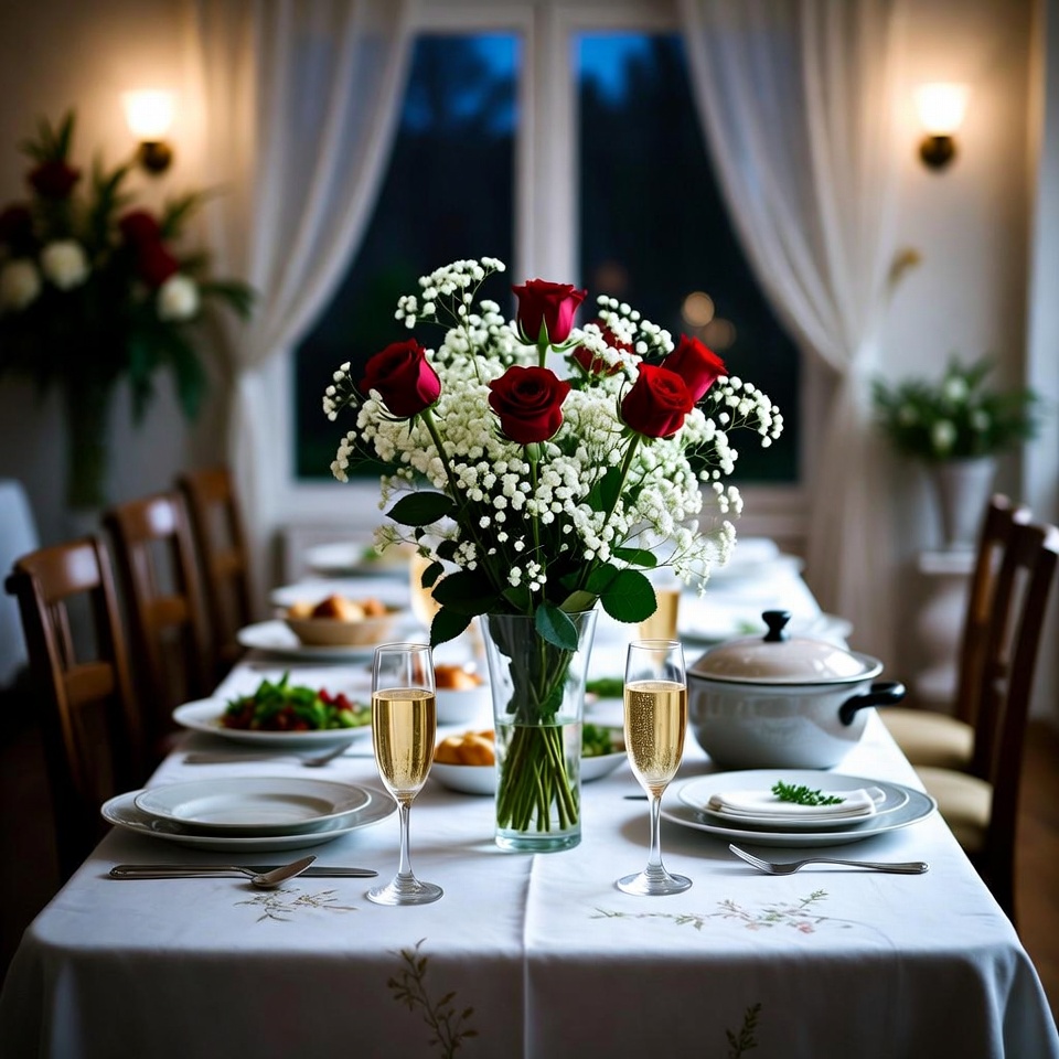 Dinner setting with flowers and drinks Dinner setting with flowers and drinks