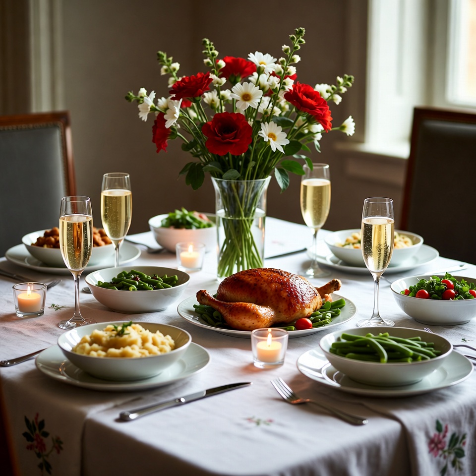 Family dinner with turkey and flowers Family dinner with turkey and flowers