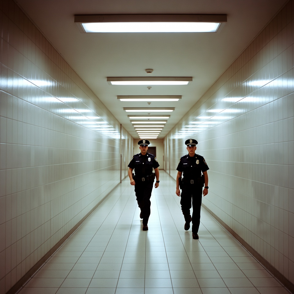 Two officers walking down a hallway Two officers walking down a hallway
