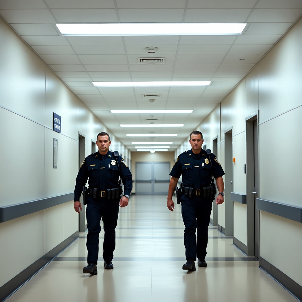 Police officers walk down a hospital hallway Police officers walk down a hospital hallway