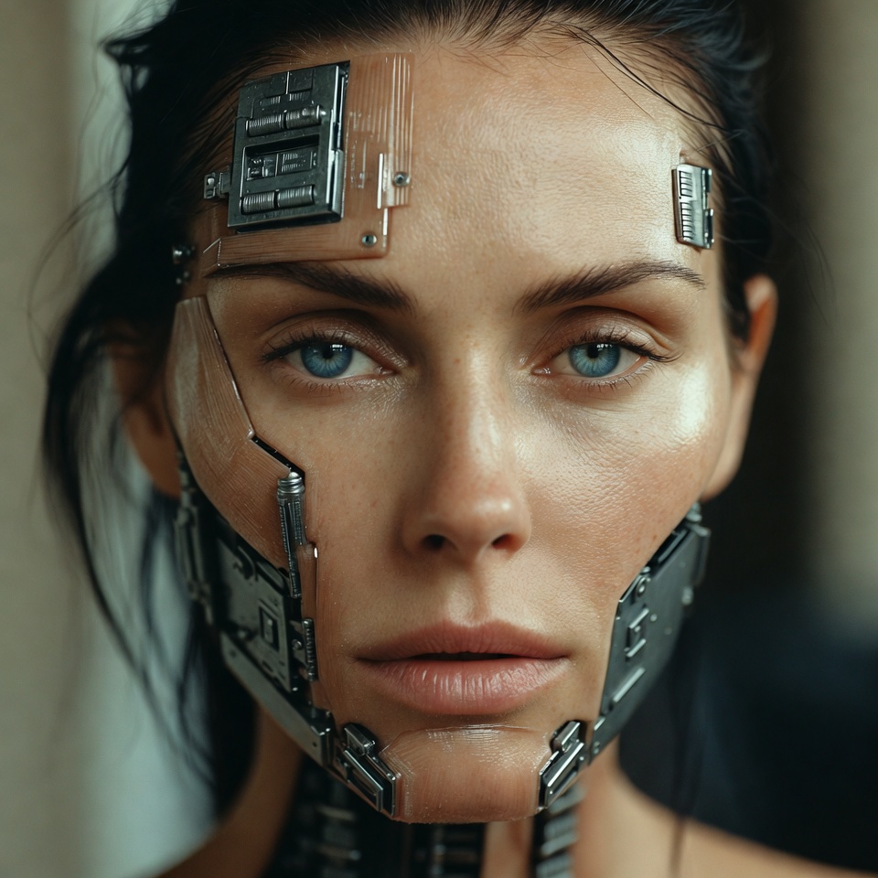 Human with robotic features in close view Human with robotic features in close view