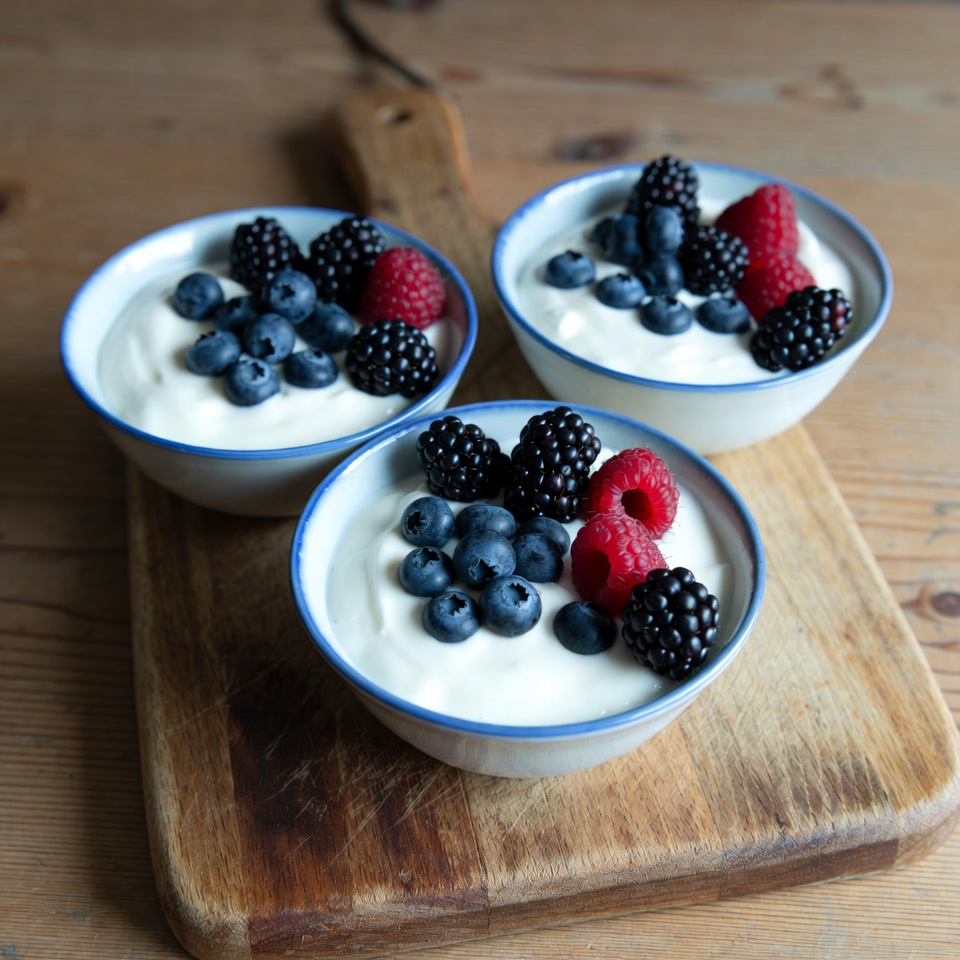 Bowls of yogurt and berries on a table Bowls of yogurt and berries on a table