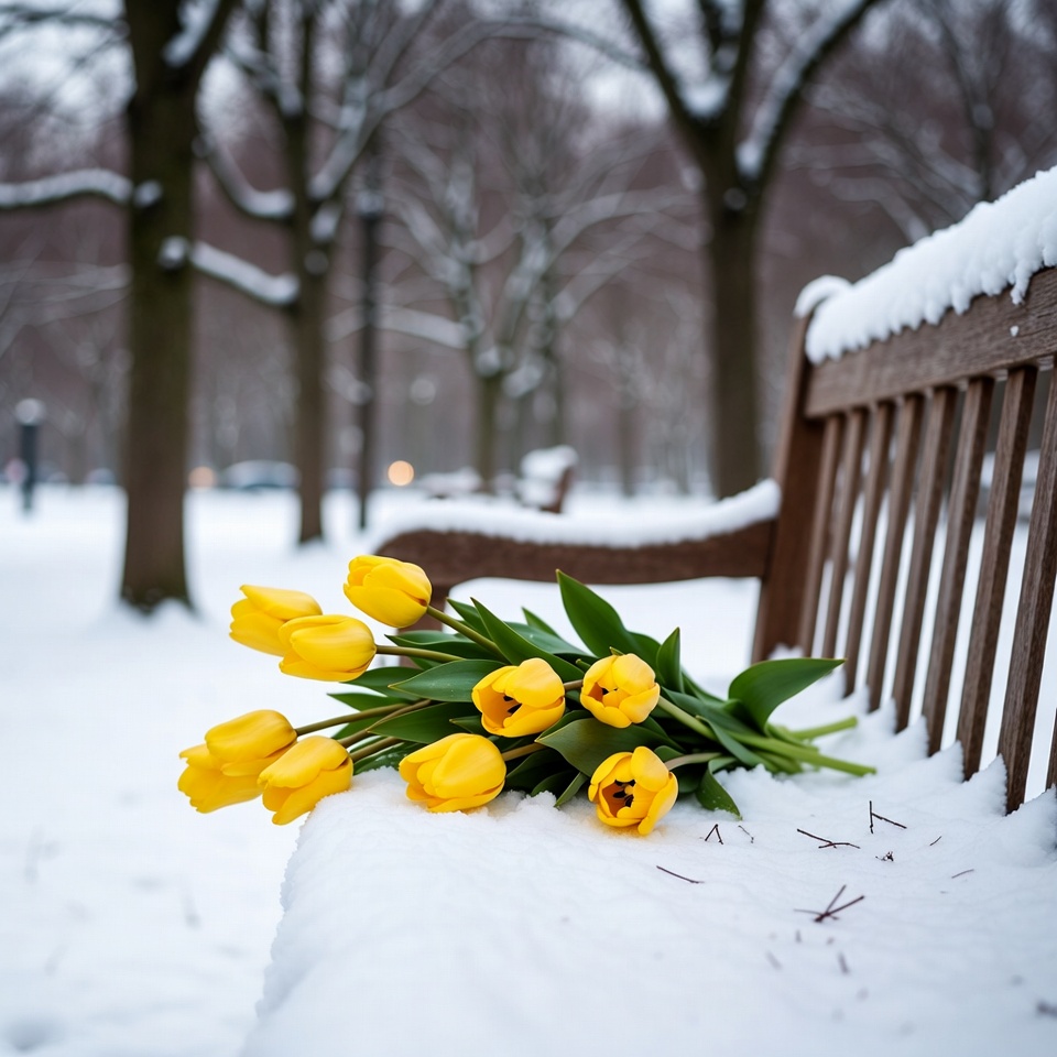 Yellow tulips on snowy bench Yellow tulips on snowy bench