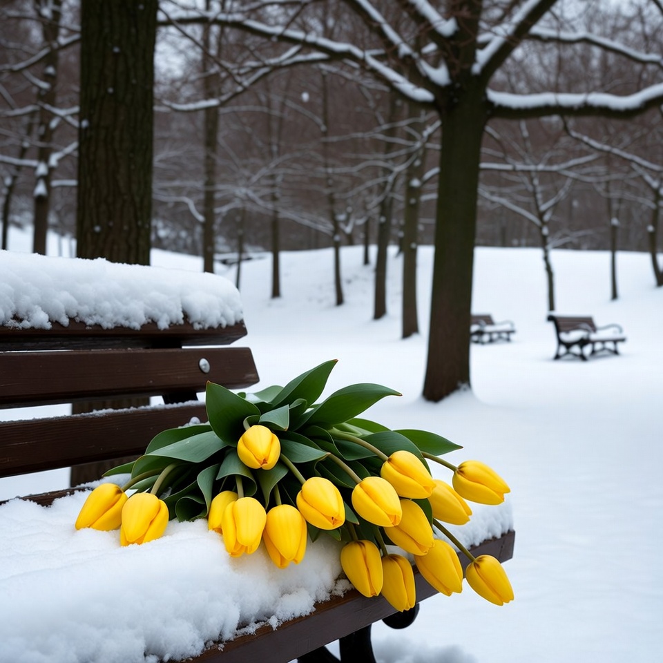 Snowy scene with yellow flowers on bench Snowy scene with yellow flowers on bench