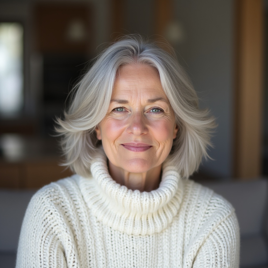 Smiling woman in cozy sweater indoors Smiling woman in cozy sweater indoors