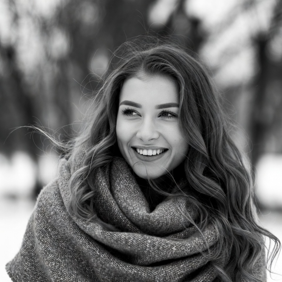 Woman smiling in winter scenery Woman smiling in winter scenery