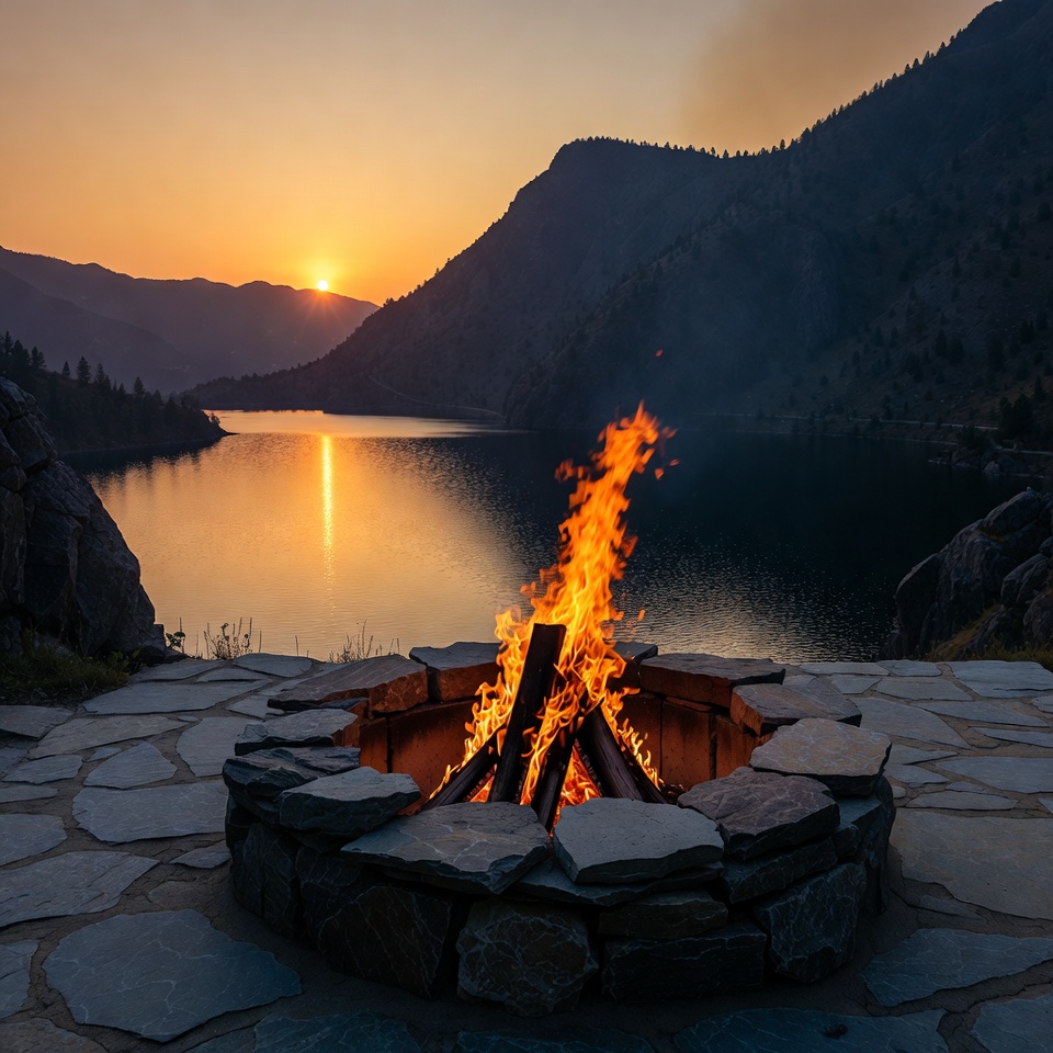 Sunset by the lake with campfire Sunset by the lake with campfire