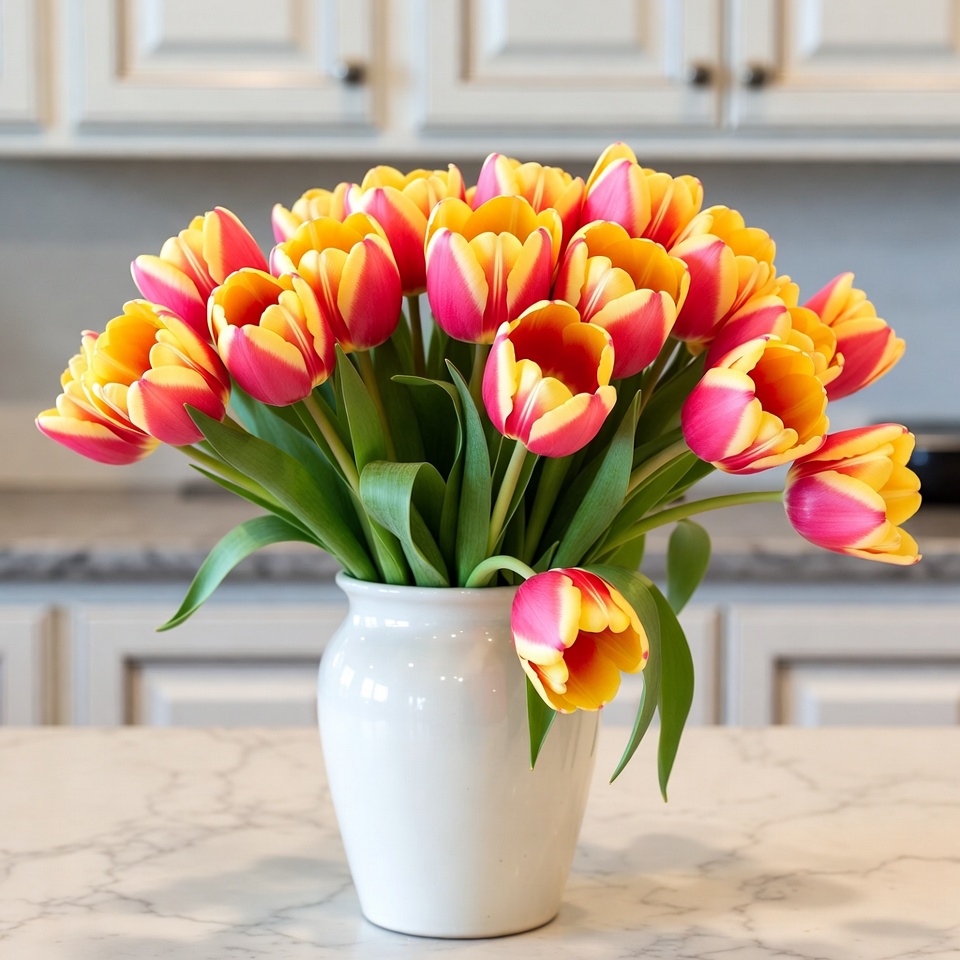 Bright tulips on kitchen counter Bright tulips on kitchen counter