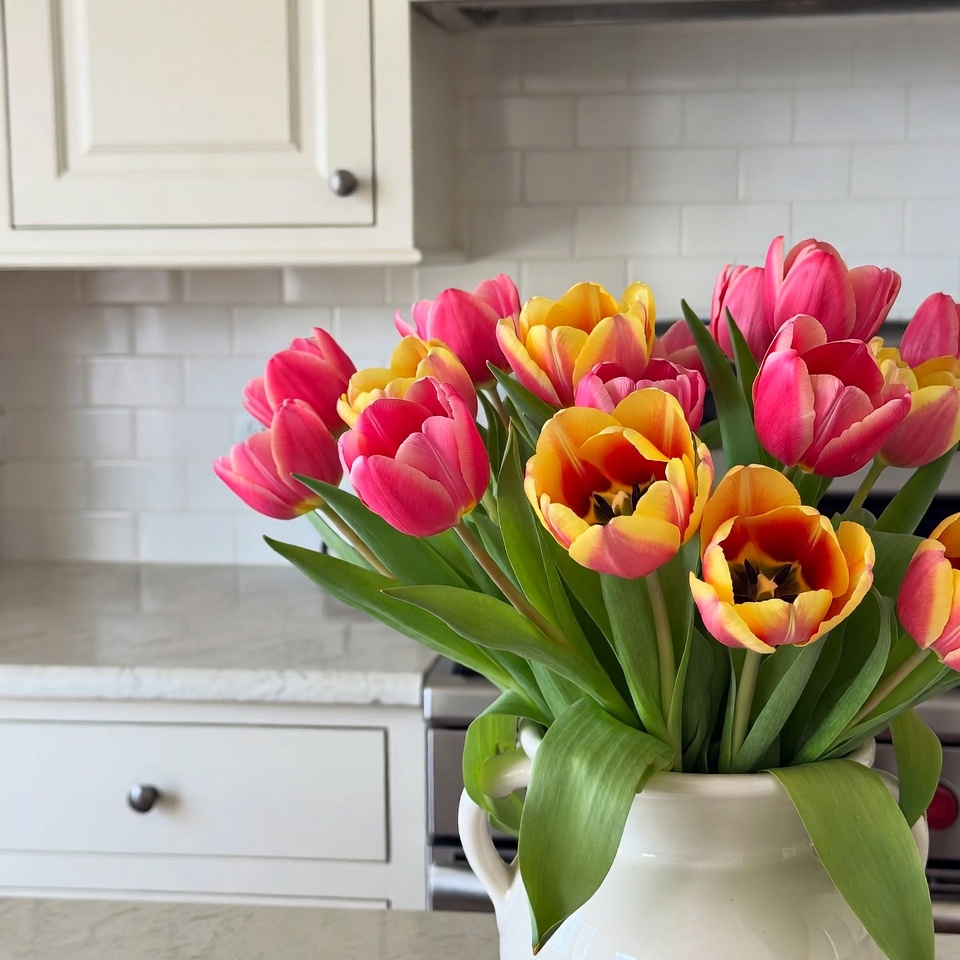 Colorful tulips in a kitchen vase Colorful tulips in a kitchen vase