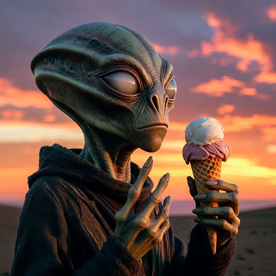 Alien enjoys ice cream at sunset Alien enjoys ice cream at sunset